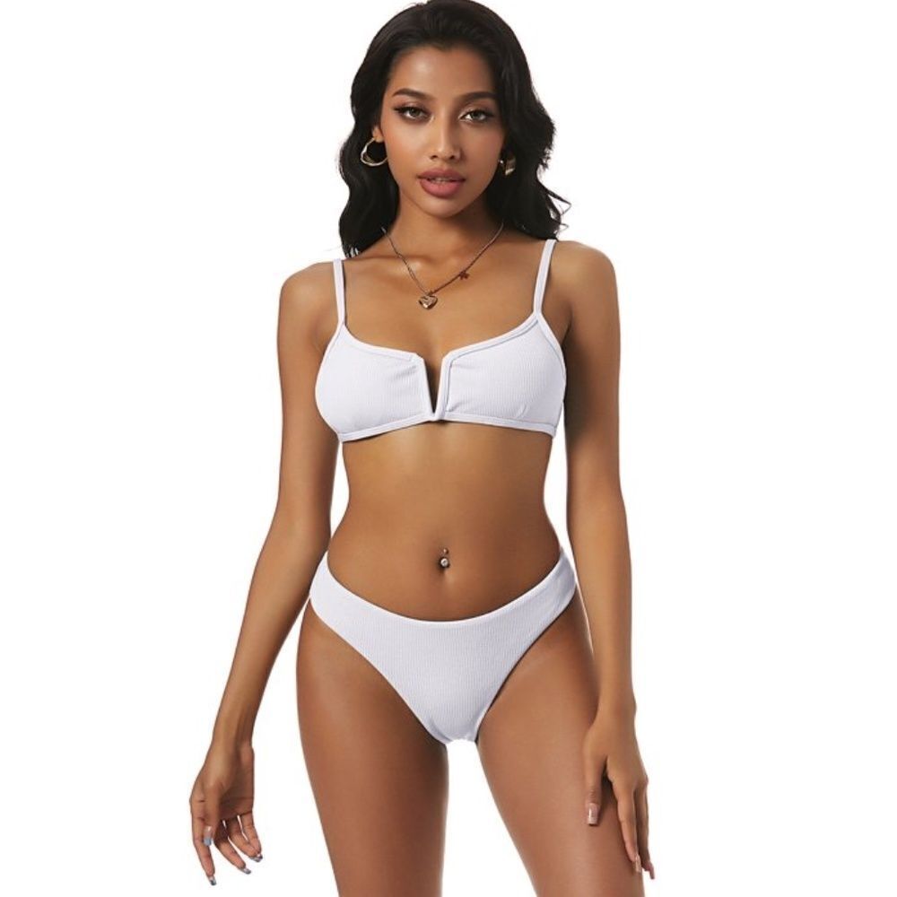 Zaful- White Ribbed V Cut Bikini Set